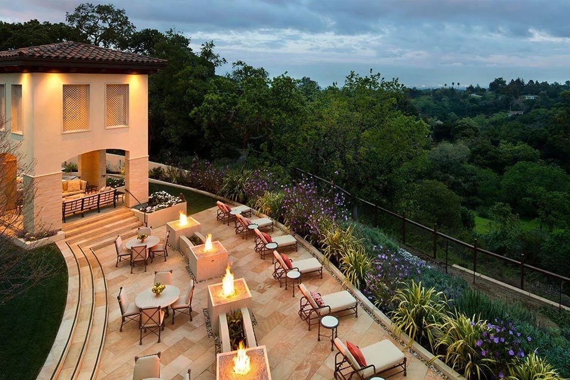 Los Altos Hills estate terrace overlooking wooded hills